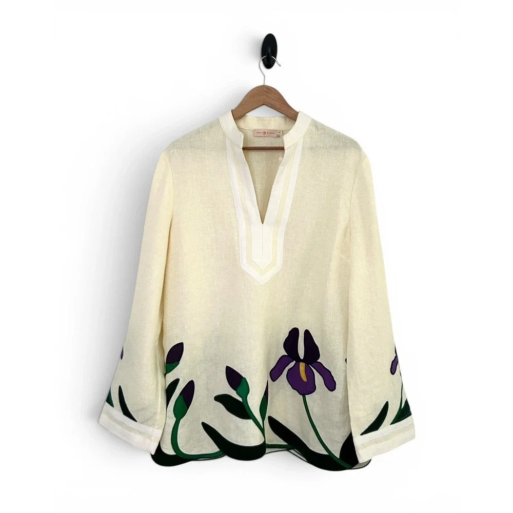 Tory Burch Women 16 Cream Ivory Multicolor 100% Linen Embroidered Tunic Top NWT